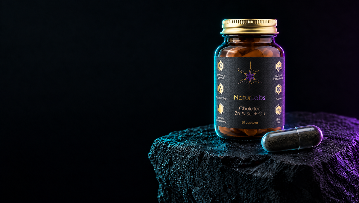 An Elements. jar on dark stone next to a clear capsule