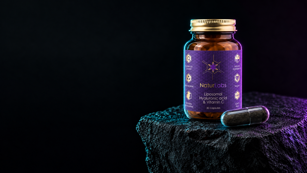Dóza Naturlabs Skin. Kyselina hyaluronová + vitamin C na tmavém kameni s průhlednou kapslí