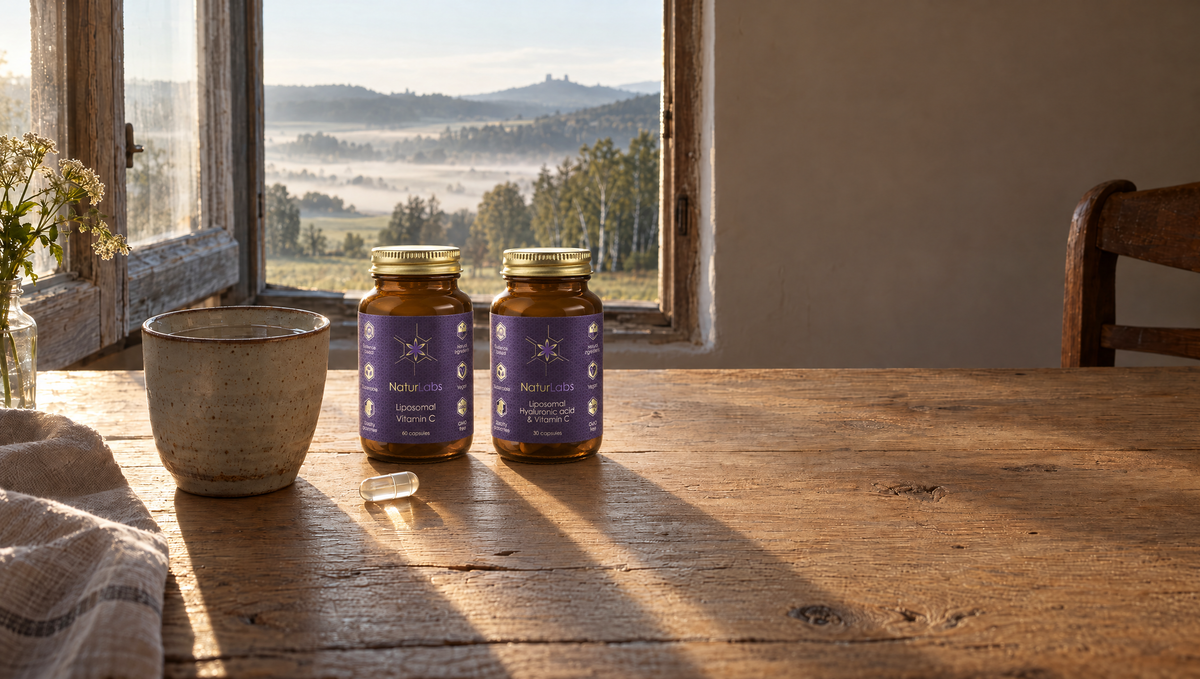 Two Naturlabs jars on a wooden table by the window in morning light