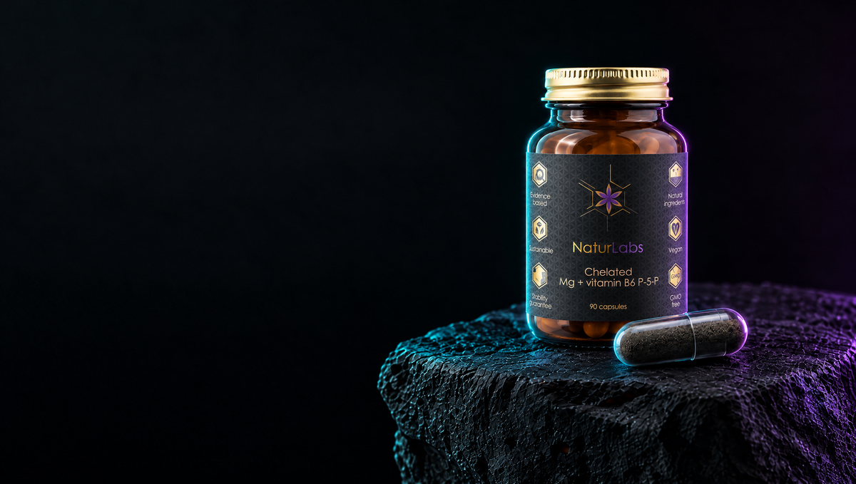 Dóza Naturlabs Hořčík + vitamin B6 na tmavém kameni s průhlednou kapslí