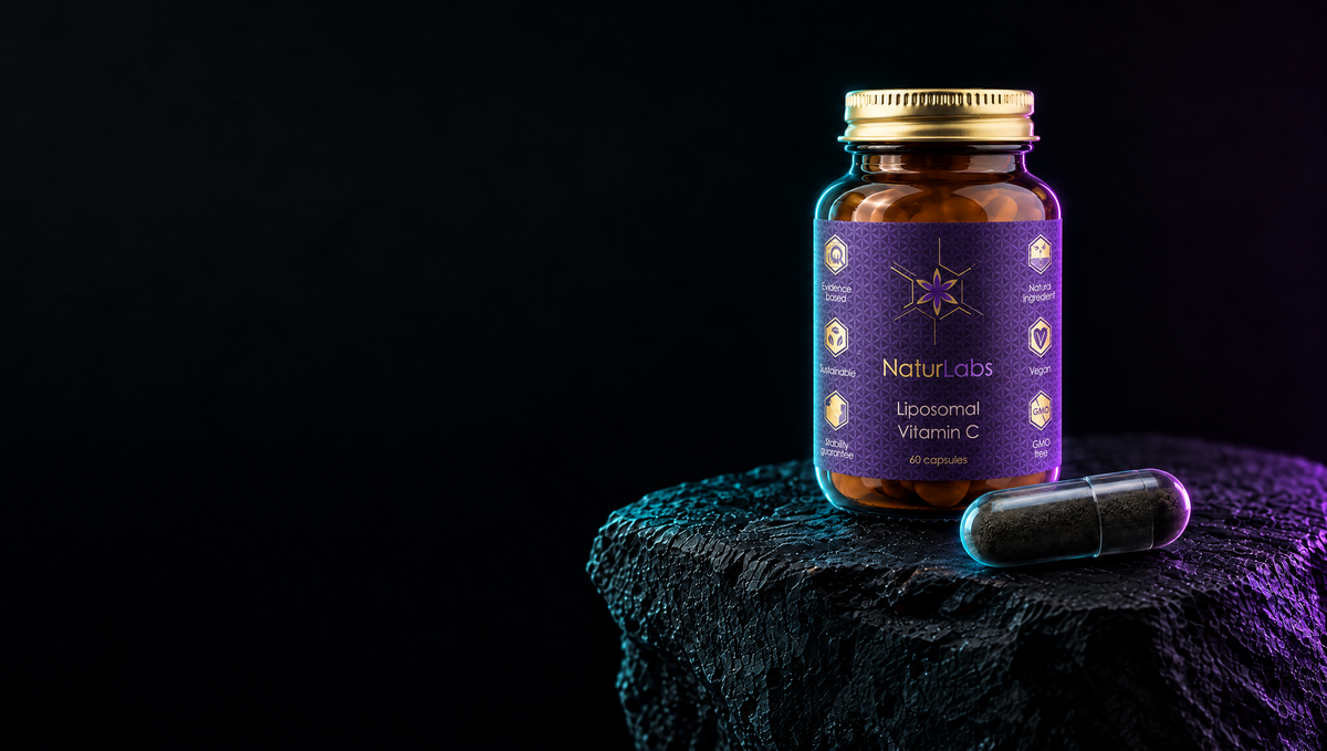 A Liposomal vitamin C jar on dark stone next to a clear capsule