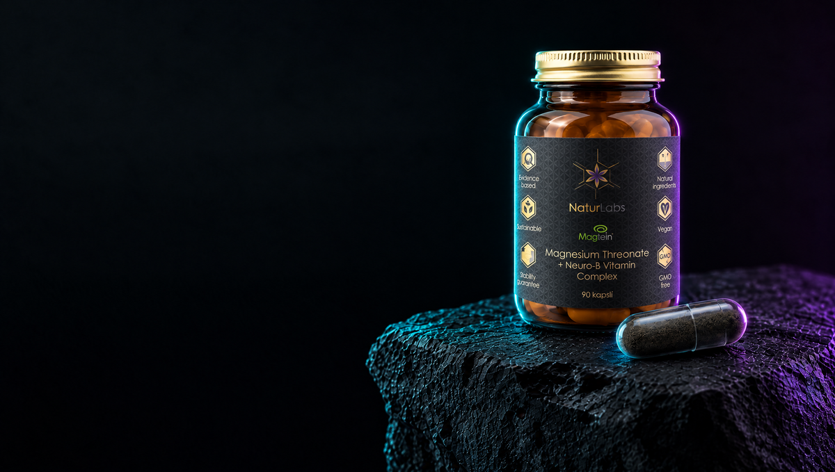 Dóza Naturlabs Focus. Hořčík Magtein na tmavém kameni s průhlednou kapslí