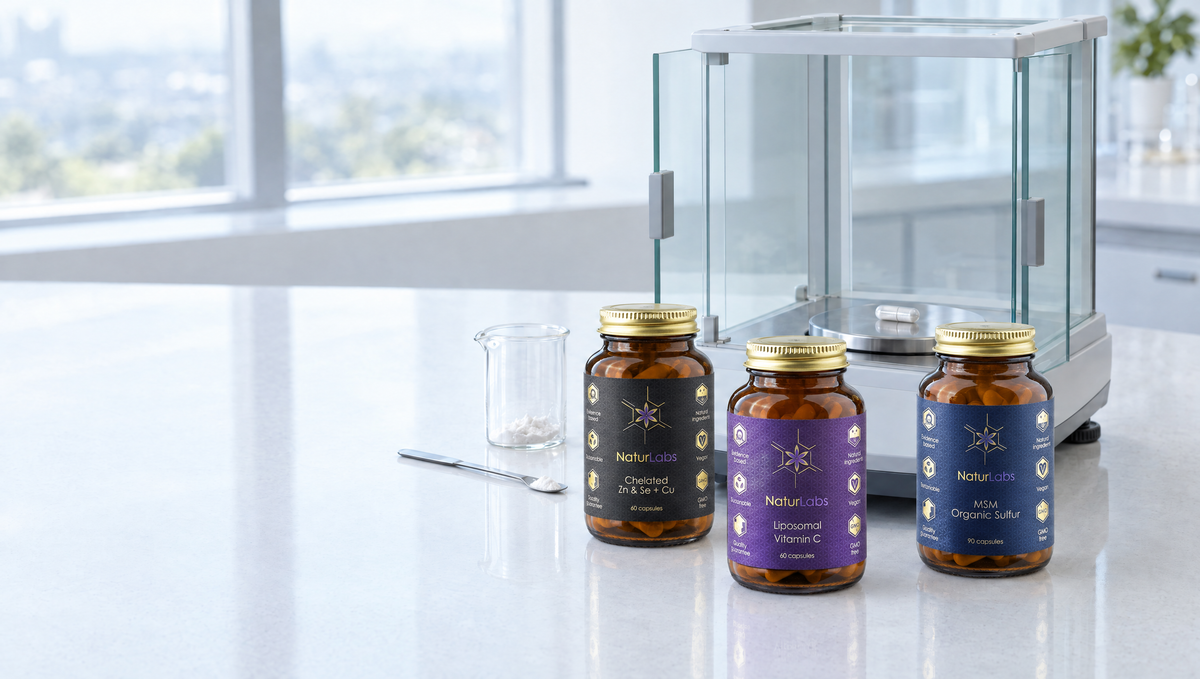 Three Naturlabs jars on a laboratory bench next to analytical scales