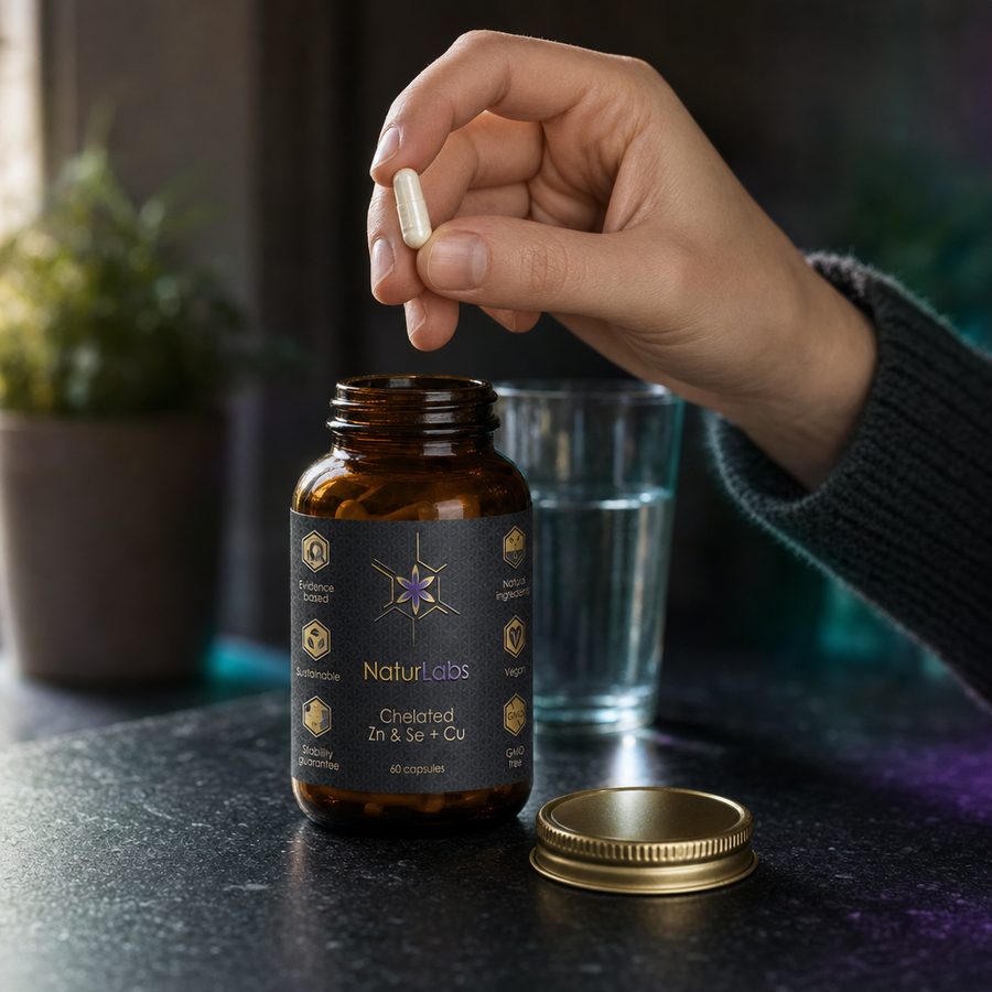 A Naturlabs jar on a table and capsules in a hand